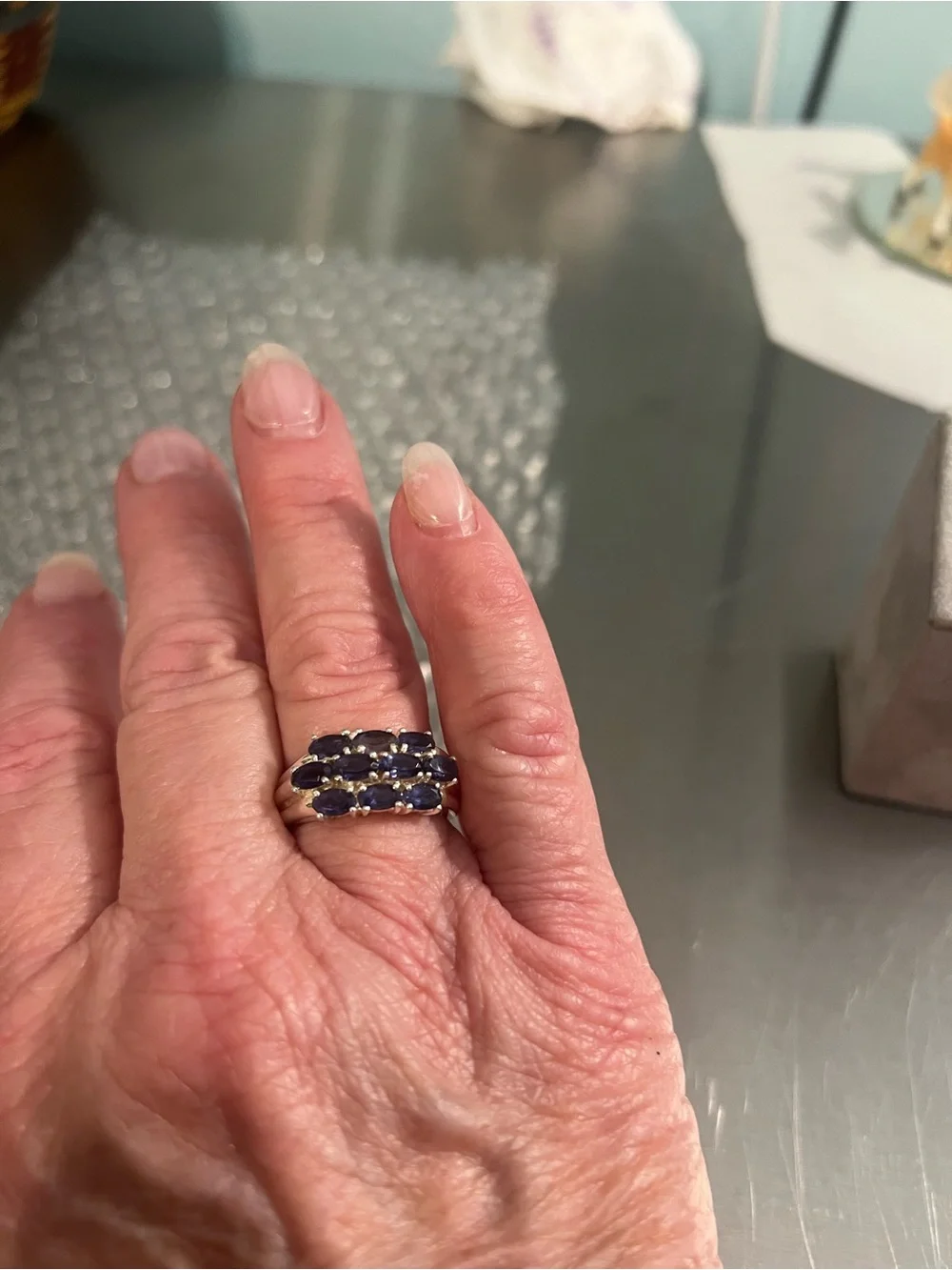 Women’s Sterling Silver Ring with Deep Blue Oval Gemstones